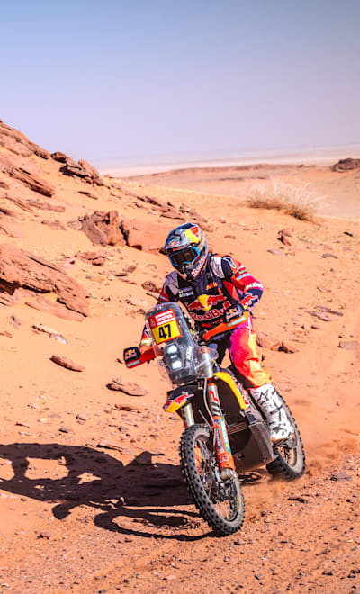 Kevin Benavides (ARG) of Red Bull KTM Factory Team races during stage 09 of Rally Dakar 2024 in Al Ula, Saudi Arabia on January 17, 2024