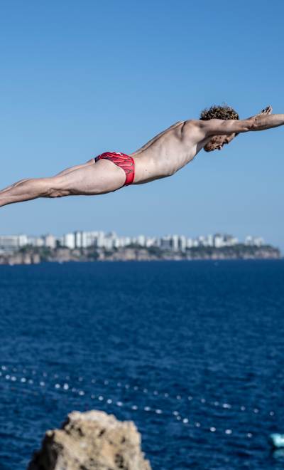 In 2024, Gary Hunt dives in the Red Bull Cliff Diving World Series in Antalya, Turkiye