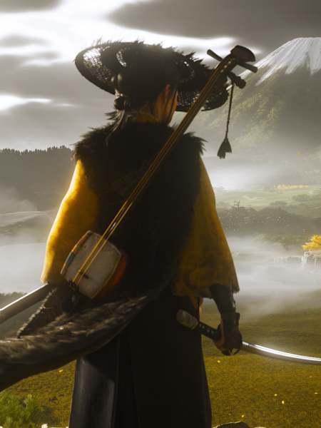 Screenshot from Ghost of Yotei shows the character in front of the eponymous mountain Yokei in Hokkaido.