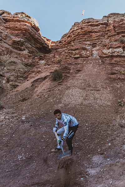 Gee Atherton pictured prepping his line at Red Bull Rampage 2023 in Virgin, Utah, USA.