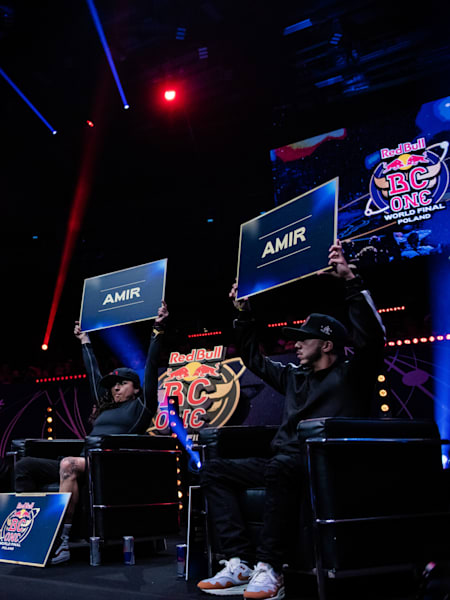 Kleju, Sarah Bee, Menno, Beta and El Nino judging for Amir of Kazakhstan at the Red Bull BC One World Final at the Ergo Arena in Gdansk, Poland on November 6, 2021.