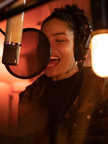 A photo of US soul-pop singer Jordin Sparks recording her Sounds Like Me EP.