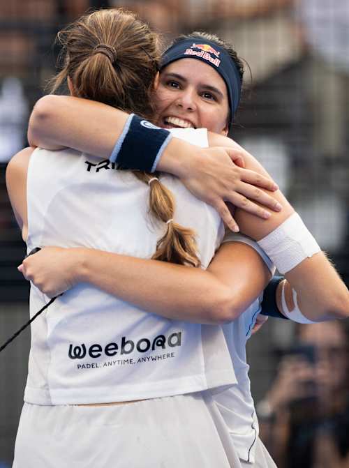 Gemma Triay and Delfina Brea celebrate after winning the BNL Italy Major Premier Padel final in Rome, Italy in June 2026. 