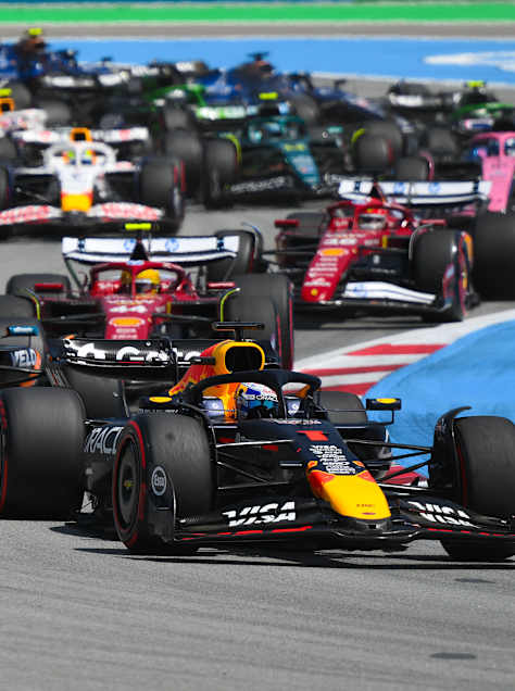 Max Verstappen leads at the start during the F1 Grand Prix of Spain at Circuit de Barcelona-Catalunya on June 01, 2025.