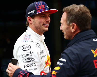 Max Verstappen and Christian Horner of Red Bull Racing Honda at the Turkish Grand Prix on October 10, 2021.