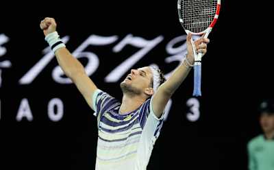 Le joueur de tennis Dominic Thiem se réjouit lors d'un match de l'ATP World Tour, Grand Chelem, Open d'Australie à Melbourne, en Australie, le 29 janvier 2020.