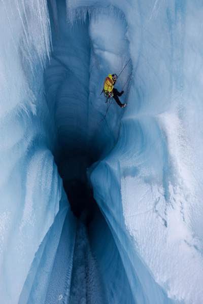 Climber Will Gadd descends down the moulin during his trip to explore the Greenland ice cap in August 2018.