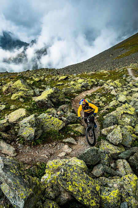 St Moritz trail winds between rocky boulders.