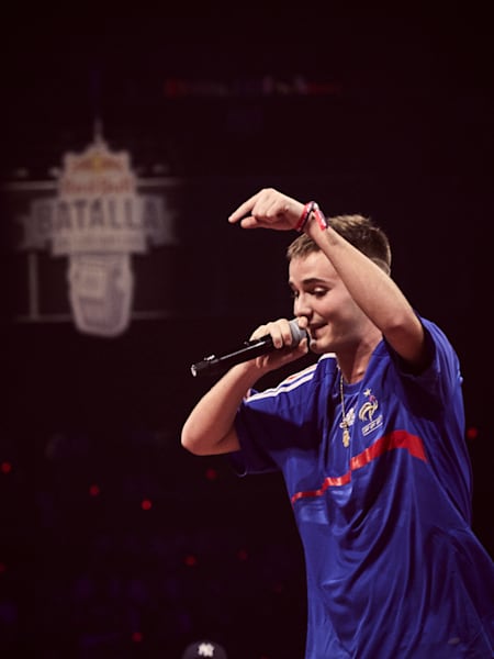 Bnet performs in the Red Bull Batalla de los Gallos World Final, in Madrid, on November 30, 2019.