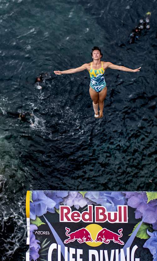 Anna Bader of Germany dives from the 21 metre platform during the final competition day of the third stop at the Red Bull Cliff Diving World Series in Azores, Portugal on July 14, 2018.