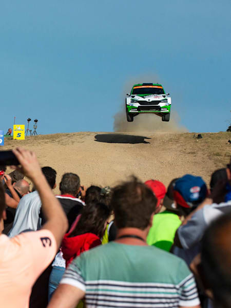 Kalle Rovanperäof Team Škoda Motorsport is seen racing in stage 15 during the World Rally Championship in Alghero, Italy on June 15, 2019.