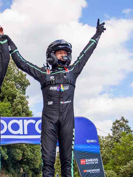 Giandomenico Basso celebrates victory at Rally di Roma Capitale