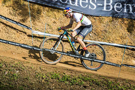 Martín Vidaurre races at the 2022 UCI XCO Under 23 World Cup race in Petropolis, Brazil.