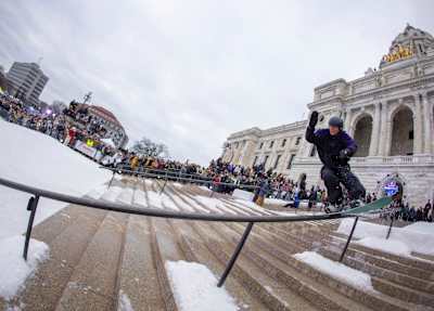 Iris Pham shreds a rail at the Red Bull Heavy Metal event in Saint Paul, Minnesota in February 2024