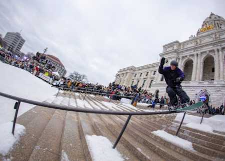 Iris Pham shreds a rail at the Red Bull Heavy Metal event in Saint Paul, Minnesota in February 2024