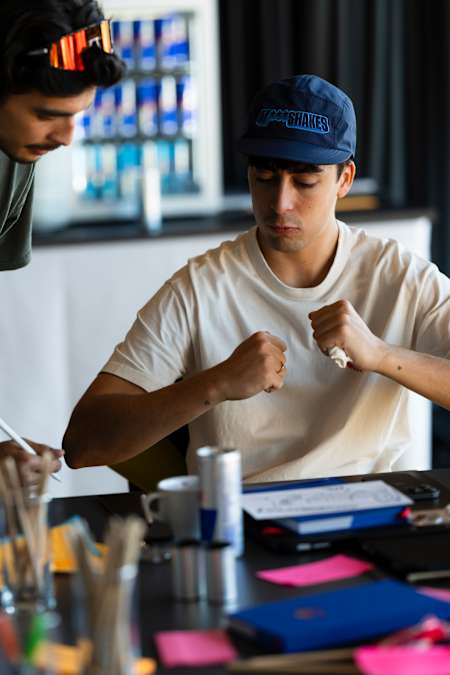Content creator Nil Ojeda explains a concept for his Red Bull Ibiza Royale obstacle design at a workshop in Salzburg, Austria in 2024.