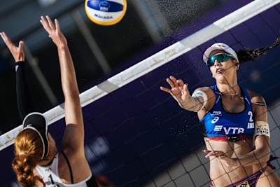 Duda Lisboa in action at the net playing beach volleyball in Sochi, Russia on May 27, 2021.
