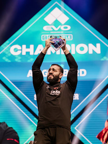 Angrybird celebrates win at Evo Championship Series at Michelob Ultra Arena in Las Vegas on August 6, 2023.