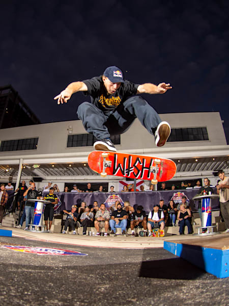 Jamie Foy heelflips at the Red Bull Mind the Gap 2022 in Orlando, Florida 