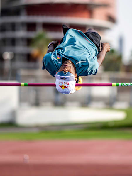 Mutaz Barshim performs during a training session at Aspire, Doha, Qatar on April 13, 2023.