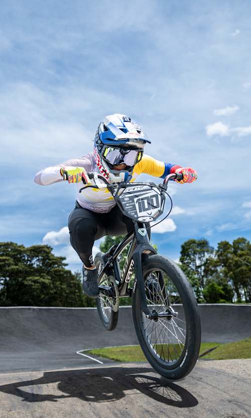 Mariana Pajon performs during her training in Bogota, Colombia on August 23, 2023