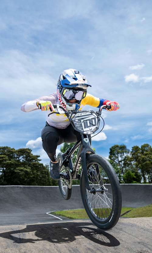 Mariana Pajon performs during her training in Bogota, Colombia on August 23, 2023
