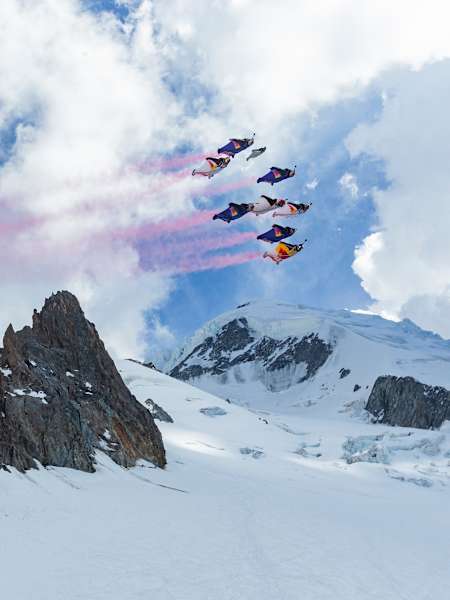 Wingsuit pilots Fred Fugen, Dani Roman, Marco Waltenspiel, Sebastian Alvarez and team fly over Mont Blanc, Europe’s highest peak
