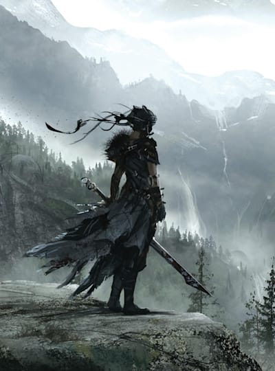 A character looks out across the valley in Hellblade