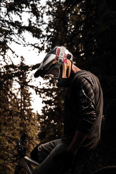 Martin Söderström shows off his Red Bull helmet at Åre bike park in Sweden.