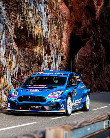 Adrien Fourmaux and co-driver Alex Coria are seen competing during the FIA World Rally Championship Monte Carlo 2023.