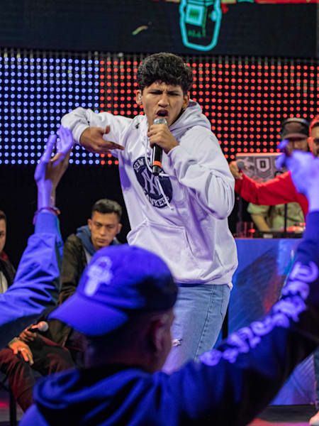 MC Abel freestyles during a Red Bull Batalla bout at the Ecuador national final in Quito, Ecuador, on November 13, 2021
