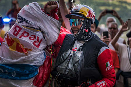 Aaron Durogati (ITA1) celebrates during the Red Bull X-Alps 2025 in Zell am See, Austria on June 22, 2025. 