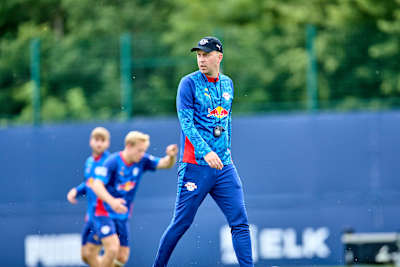 Ole Werner in RB Leipzig kit on the training pitch.