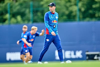 Ole Werner in RB Leipzig kit on the training pitch.