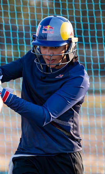 Smriti Mandhana performs during a cricket training session in Sangli, India on February 16, 2020.