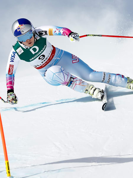 American ski racer Lindsey Vonn races to the Bronze medal at the 2017 FIS Ski World Championships Downhill in St. Moritz, Switzerland on February 12, 2016
