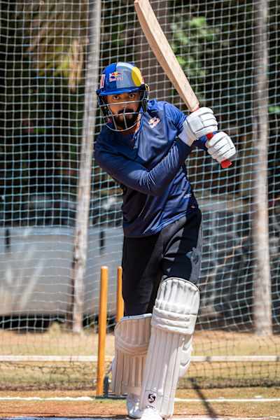 KL Rahul plays a shot during a training session.