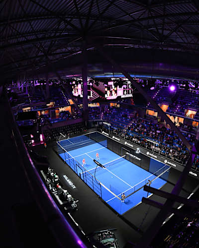 Overview of the court during a Premier Padel tournament match.