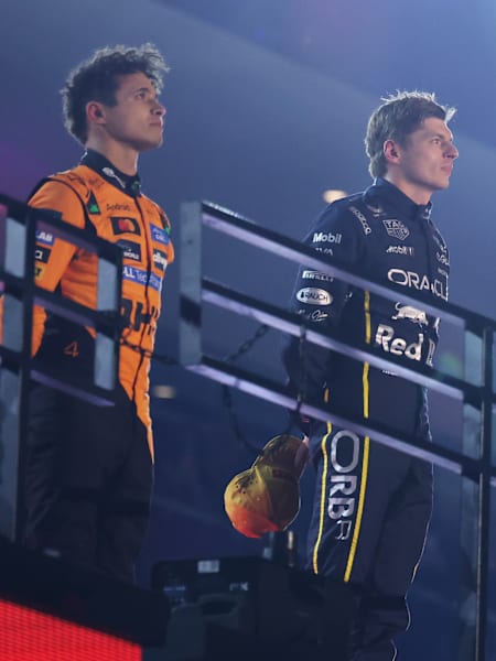 The drivers stand on the podium of the 2025 Formula 1 Las Vegas Grand Prix.