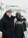 Reto Gurtner and Selema Masekela pose together during filming of Burton My Turn snowboard show.