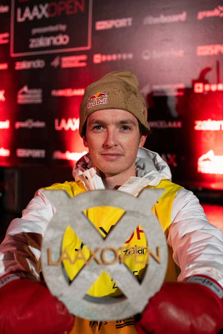 In 2025, Scotty James celebrates his victory at the Laax Open snowboard event in Laax, Switzerland.