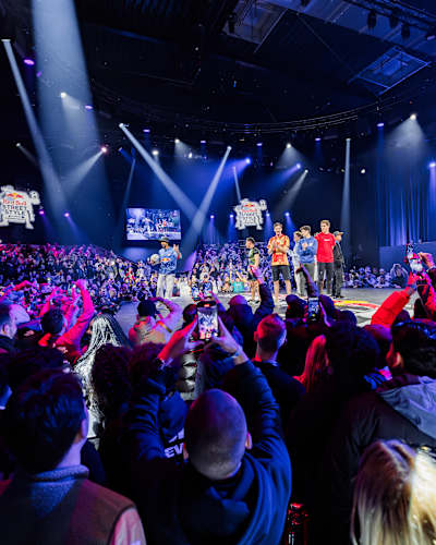 Freestyle soccer players on stage at the Red Bull Street Style Global Championship final in Brussels, Belgium, on December 7, 2023.