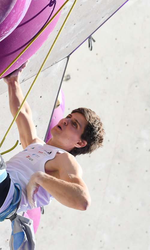Domen Škofic (SLO) performing at the IFSC Climbing World Cup 2022 in Innsbruck, Austria on June 25, 2022. 