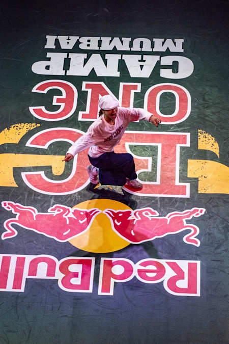 A view from above of B-Girl Ayumi dancing.