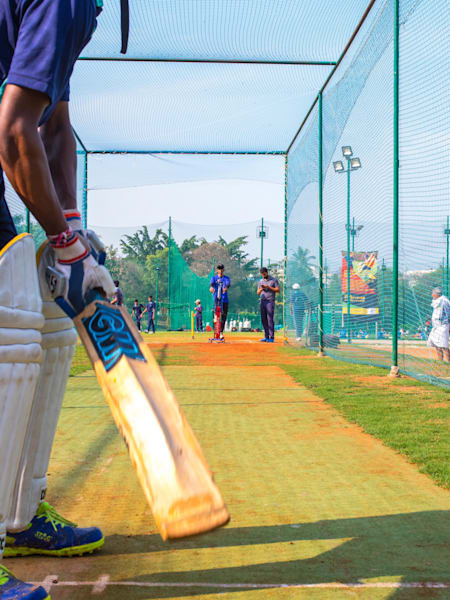 A batsman positions himself for a delivery.
