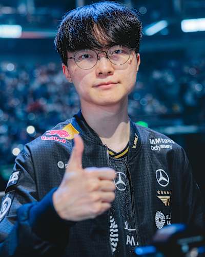 Faker of T1 is seen onstage after their victory and advancing to the grand finals at League of Legends Worlds 2025 Semifinal Stage on November 02, 2025 in Shanghai, China.
