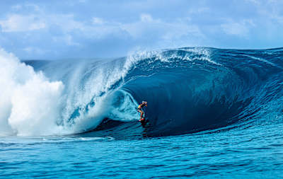 Kauli Vaast performs in a tube at Teahupoo, Tahiti on May 1, 2025. 