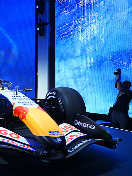 Arvid Lindblad and Liam Lawson of Visa Cash App Racing Bulls unveil their new livery at the team's season launch at Michigan Central Station on January 15, 2026 in Detroit, Michigan.