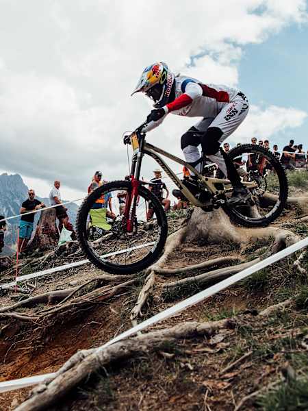 Myriam Nicole in action at the UCI DH World Cup in Leogang, Austria on June 10, 2018