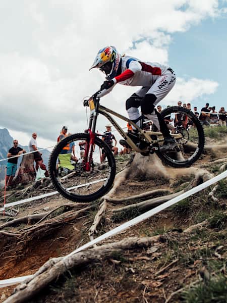 Myriam Nicole in action at the UCI DH World Cup in Leogang, Austria on June 10, 2018